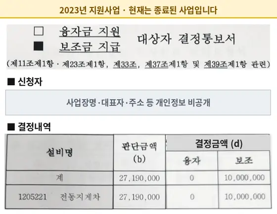 전동지게차 2023년 보조금 지급 결정통보서 (현재 종료된 사업)