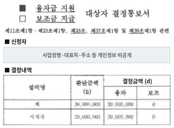 지게차 융자금 지원 결정통보서
