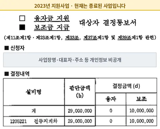 전동지게차 2023년 보조금 지급 결정통보서 (현재 종료된 사업)